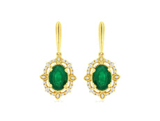 1.56CT DIAMOND & AAA EMERALD 14KT YELLOW GOLD FILIGREE FLOWER HANGING EARRINGS