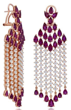 EXTRA LARGE 17.25CT DIAMOND & AAA RUBY 18KT ROSE GOLD MULTI ROW FLOWER EARRINGS