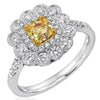 1.27CT WHITE & FANCY YELLOW DIAMOND 18KT 2 TONE GOLD 3D CUSHION ENGAGEMENT RING