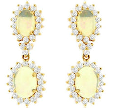 4.10CT DIAMOND & AAA OPAL 14KT YELLOW GOLD OVAL & ROUND FLOWER HANGING EARRINGS