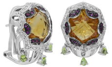 LARGE 14.24CT DIAMOND & AAA MULTI GEM 18K WHITE GOLD 3D OCTAGON HANGING EARRINGS