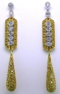 1.67CT WHITE & FANCY YELLOW DIAMOND 18KT 2 TONE GOLD HEXAGON TEAR DROP EARRINGS