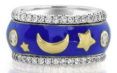 1.38CT DIAMOND & BLUE ENAMEL 18KT 2 TONE GOLD 3D MULTI FLOWER ANNIVERSARY RING