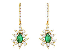 1.51CT DIAMOND & AAA EMERALD 14KT YELLOW GOLD FLOWER LEVERBACK HANGING EARRINGS