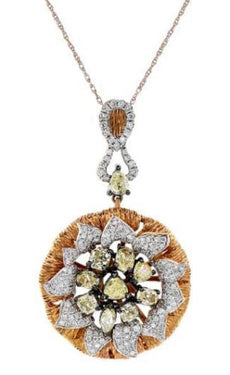 2.6CT WHITE & FANCY YELLOW DIAMOND 18K ROSE GOLD 3D FLOWER LOVE FLOATING PENDANT