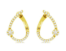 .22CT DIAMOND 14K YELLOW GOLD 3D TEAR DROP FLOWER SIDEWAYS HOOP HANGING EARRINGS