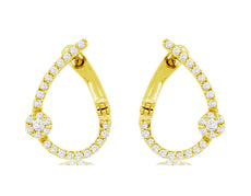 .22CT DIAMOND 14K YELLOW GOLD 3D TEAR DROP FLOWER SIDEWAYS HOOP HANGING EARRINGS