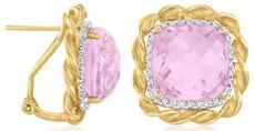 15.95CT DIAMOND & AAA PINK AMETHYST 14KT YELLOW GOLD 3D CUSHION & ROUND EARRINGS