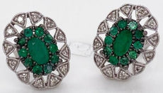 ESTATE 1.54CT DIAMOND & AAA EMERALD 14K WHITE GOLD FLOWER FILIGREE STUD EARRINGS