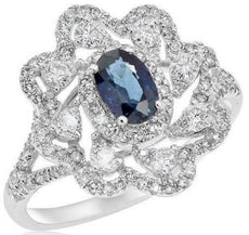 1.35CT DIAMOND & AAA SAPPHIRE 14KT WHITE GOLD 3D ROUND & OVAL FLOWER FUN RING