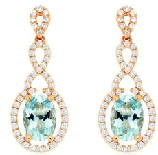 ESTATE 1.77CT DIAMOND & AAA AQUAMARINE 14KT ROSE GOLD OVAL HALO HANGING EARRINGS