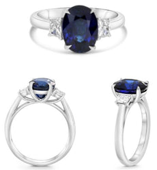 4.35CT DIAMOND & AAA SAPPHIRE PLATINUM OVAL & TRAPEZOID 3 STONE ENGAGEMENT RING
