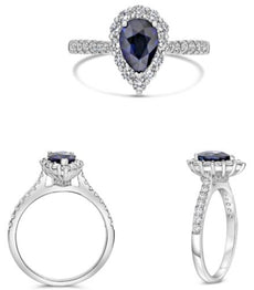 1.63CT DIAMOND & AAA SAPPHIRE PLATINUM PEAR SHAPE & ROUND HALO ENGAGEMENT RING