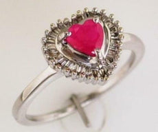 .85CT DIAMOND & AAA RUBY 14K WHITE GOLD HEART SHAPE & BAGUETTE CLASSIC LOVE RING
