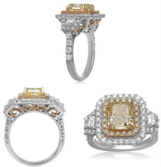 4.51CT WHITE & FANCY YELLOW DIAMOND 18KT 2 TONE GOLD 3D CUSHION & TRAPEZOID RING