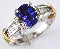 3.51CT DIAMOND & AAA TANZANITE 14KT 2 TONE GOLD OVAL & BAGUETTE ENGAGEMENT RING