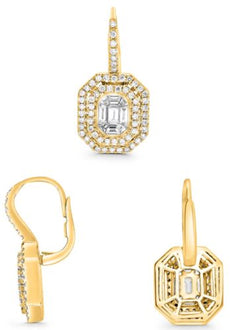LARGE 1.29CT DIAMOND 14K YELLOW GOLD ROUND & BAGUETTE INVISIBLE OCTAGON EARRINGS