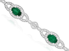 4.18CT DIAMOND & AAA EMERALD 14KT WHITE GOLD OVAL & ROUND HALO TENNIS BRACELET