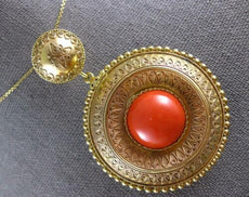 ANTIQUE EXTRA LARGE AAA CORAL 18K YELLOW GOLD HANDCRAFTED PENDANT NECKLACE 27439