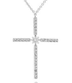 .21CT DIAMOND 14KT WHITE GOLD ROUND & PRINCESS CLASSIC SOLITAIRE CROSS NECKLACE
