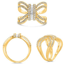 .77CT DIAMOND 14KT YELLOW GOLD ROUND & BAGUETTE INFINITY BOW TIE MULTI ROW RING