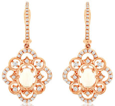 1.05CT DIAMOND & AAA OPAL 14KT ROSE GOLD 3D OVAL & ROUND FLOWER HANGING EARRINGS