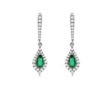 .57CT DIAMOND & AAA EMERALD 14KT WHITE GOLD PEAR SHAPE & ROUND HANGING EARRINGS
