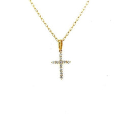 ESTATE .17CT DIAMOND 18KT YELLOW GOLD ROUND SHARED PRONG CROSS FLOATING PENDANT