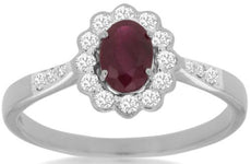 .87CT DIAMOND & AAA RUBY 14KT WHITE GOLD OVAL & ROUND SEMI BEZEL FLOWER FUN RING