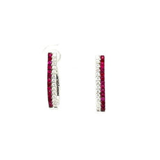 ESTATE .77CT DIAMOND & AAA RUBY 18KT WHITE GOLD 3D CLASSIC HOOP HANGING EARRINGS