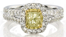 1.72CT WHITE & FANCY YELLOW DIAMOND 18KT 2 TONE GOLD HALO SQUARE ENGAGEMENT RING