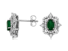 1.27CT DIAMOND & AAA EMERALD 14KT WHITE GOLD OVAL & ROUND FILIGREE STUD EARRINGS