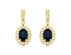 1.63CT DIAMOND & AAA SAPPHIRE 14KT YELLOW GOLD 3D OVAL & ROUND HANGING EARRINGS