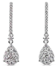 1.15CT DIAMOND 14K WHITE GOLD ROUND INVISIBLE TEAR DROP CLASSIC HANGING EARRINGS