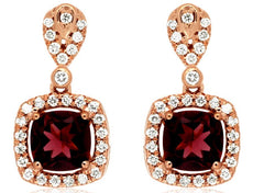 2.46CT DIAMOND & AAA RHODOLITE 14KT ROSE GOLD CUSHION & ROUND HANGING EARRINGS