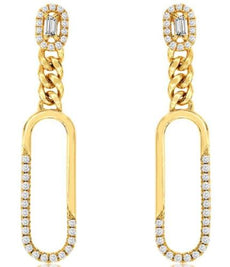 0.41CT DIAMOND ROUND & BAGUETTE 14KT YELLOW GOLD 3D OVAL LINK PAPERCLIP EARRINGS