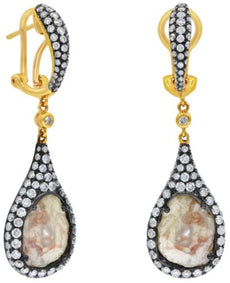 LARGE 7.04CT WHITE & ICE DIAMOND 18KT YELLOW & BLACK GOLD TEAR DROP FUN EARRINGS