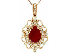 2.17CT DIAMOND & AAA RED CARNELIAN 14KT ROSE GOLD 3D PEAR SHAPE FILIGREE PENDANT
