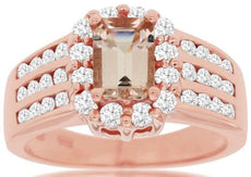1.95CT DIAMOND & AAA MORAGNITE 14K ROSE GOLD EMERALD CUT & ROUND ENGAGEMENT RING