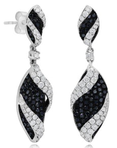 2.69CT WHITE & BLACK DIAMOND 18KT WHITE GOLD 3D DOUBLE LEAF FUN HANGING EARRINGS