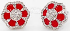 ESTATE .39CT DIAMOND & RED NAMEL 14KT WHITE GOLD 3D FLOWER STUD EARRINGS