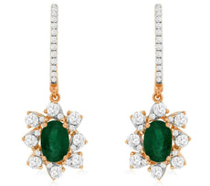 1.50CT DIAMOND & AAA EMERALD 14KT ROSE GOLD OVAL & ROUND FLOWER HANGING EARRINGS