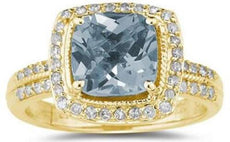 2.81CT DIAMOND & AAA AQUAMARINE 14KT YELLOW GOLD 3D CUSHION CUT & ROUND FUN RING