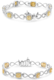 3.49CT WHITE & FANCY YELLOW DIAMOND 18KT 2 TONE GOLD 3D ROUND & CUSHION BRACELET