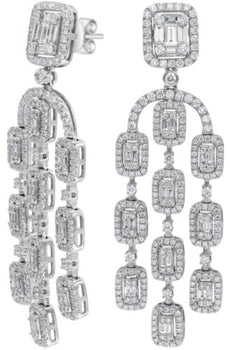 LARGE 3.02CT DIAMOND 14K WHITE GOLD ROUND & BAGUETTE CHANDELIER HANGING EARRINGS