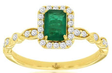 0.81CT DIAMOND & AAA EMERALD 14KT YELLOW GOLD 3D SQUARE HALO LOVE FRIENDSHIP RING
