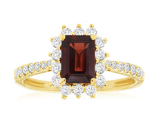 1.68CT DIAMOND & AAA GARNET 14KT YELLOW GOLD EMERALD CUT & ROUND HALO LOVE RING