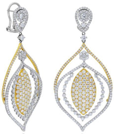 LARGE 11.20CT DIAMOND 18KT 2 TONE GOLD DOUBLE TEAR DROP CLIP ON HANGING EARRINGS