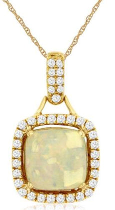 1.60CT DIAMOND & AAA OPAL 14KT YELLOW GOLD CUSHION & ROUND HALO FLOATING PENDANT