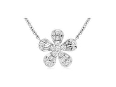 .28CT DIAMOND 14KT WHITE GOLD 3D ROUND & BAGUETTE CLASSIC FLOWER LOVE NECKLACE